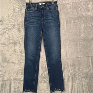 Paige Medium Wash Denim Jeans Hoxton Slim Raw Edge Hem Ankles Size 24